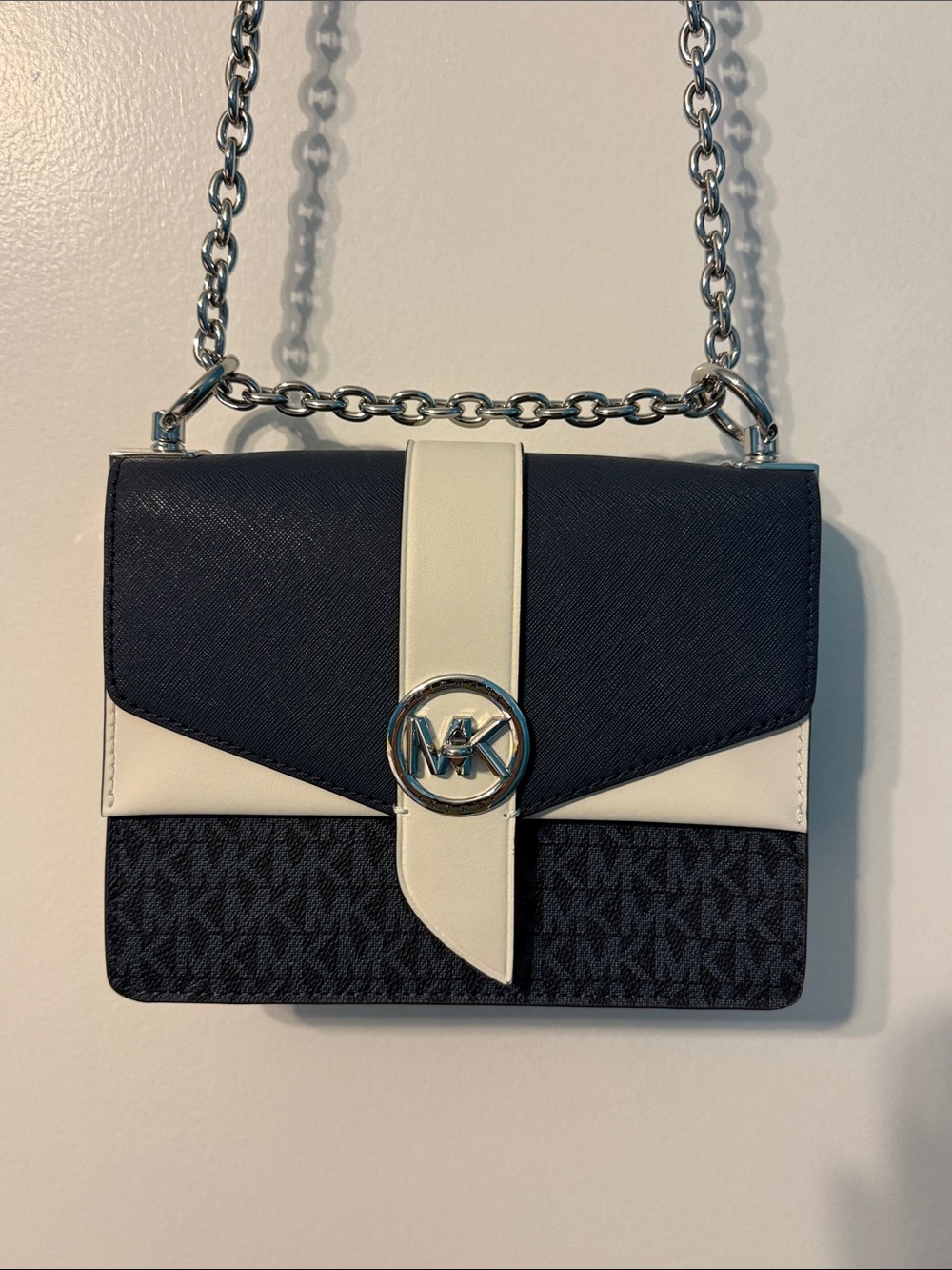 Michael Kors Navy and Cream MK Logo Chain Crossbody